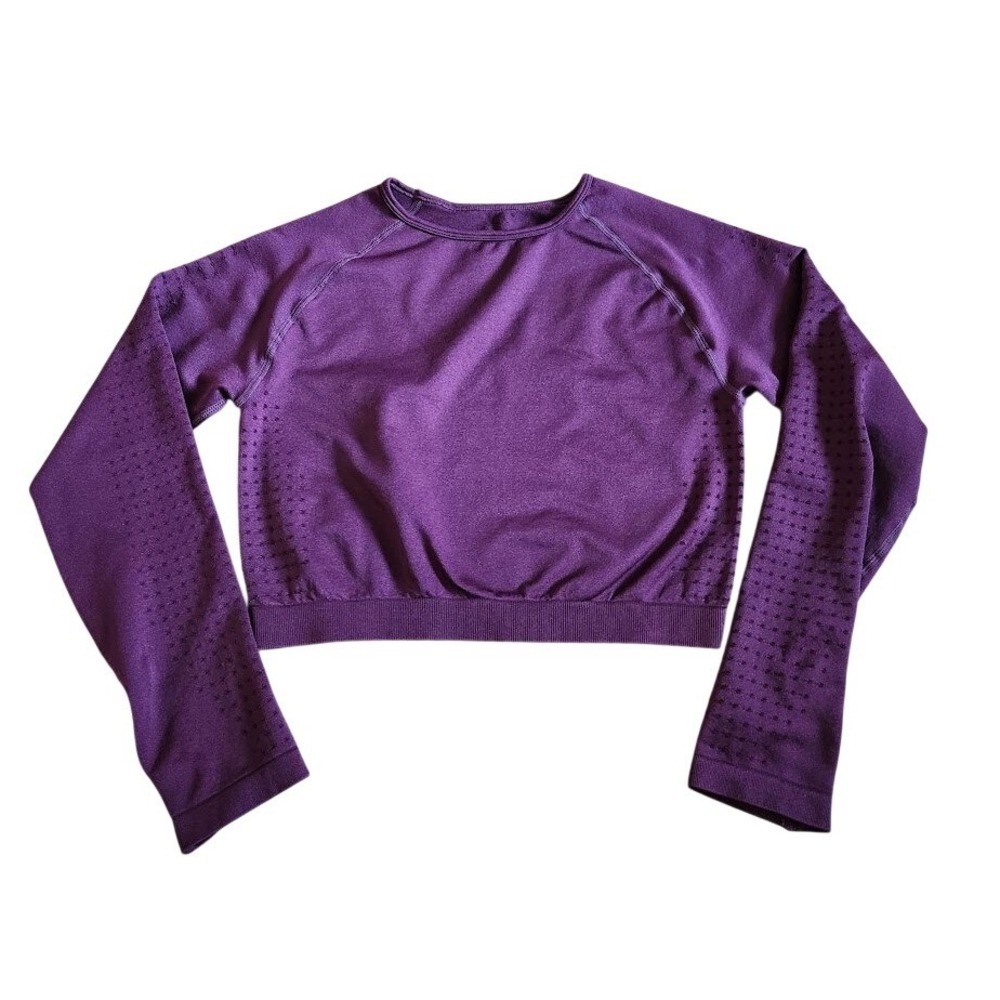 Purple Seamless Cropped Long Sleeve Workout Top Mesh Vent Thumbholes Size L 646